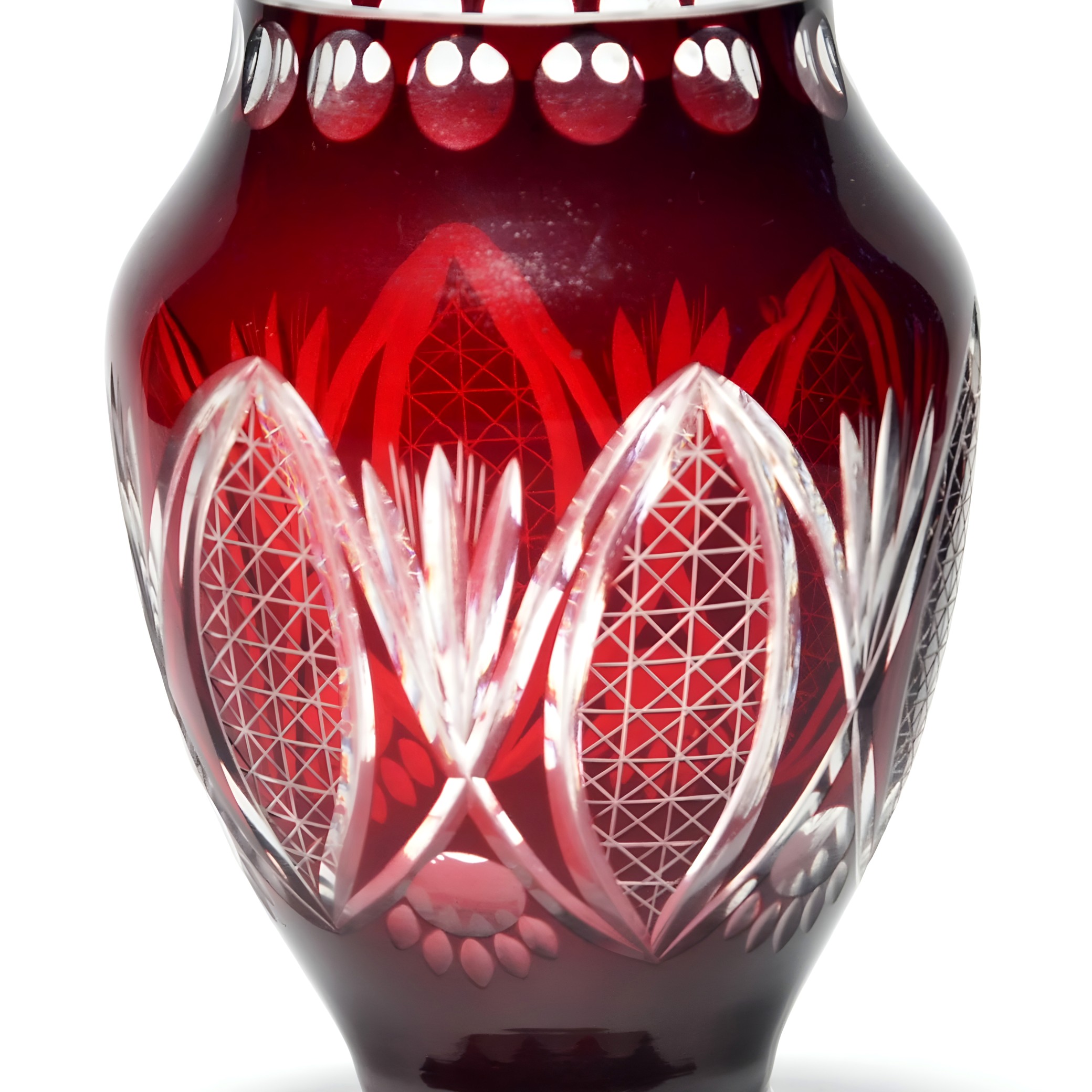 Wide Red Crystal Vase, Bold Geometric Pattern, Cut Glass Artistry